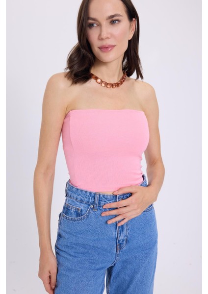 Kadın Slim Fit Dar Kesim Pamuklu Straplez Pembe Bluz fiyatları