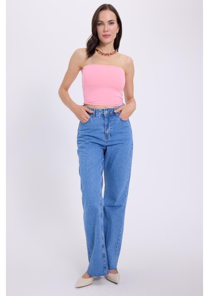 Kadın Slim Fit Dar Kesim Pamuklu Straplez Pembe Bluz fırsatları