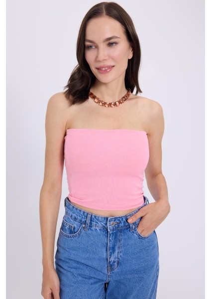 Kadın Slim Fit Dar Kesim Pamuklu Straplez Pembe Bluz indirimleri