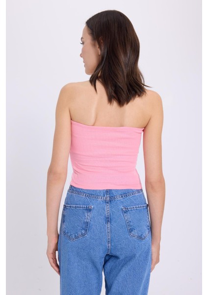 Kadın Slim Fit Dar Kesim Pamuklu Straplez Pembe Bluz