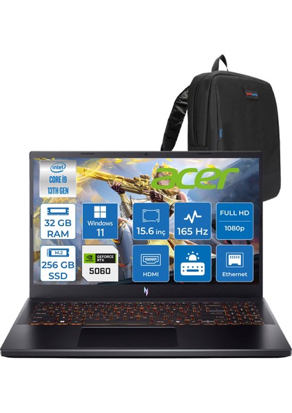 Nitro V15 ANV15-52-91EQ Intel Core I9 13900H 32GB 256GB SSD RTX5060 8gb Windows 11 Home 15,6" Fullhd (1920 x 1080) 165HZ IPS 300NIT Taşınabilir Bilgisayar NHQZAEYH16 + Zetta Çanta