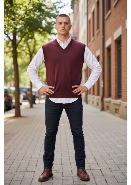 Bordo V Yaka Süveter (Unisex)