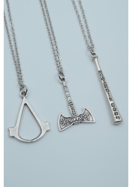 3'lü Assassin’s Creed Viking Balta Beyzbol Sopası Gümüş Kaplama Kolye Seti