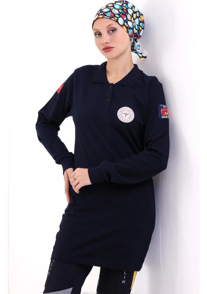 112 Acil Sağlık Yakalı Tshirt Tunik Baskılı - Lacivert