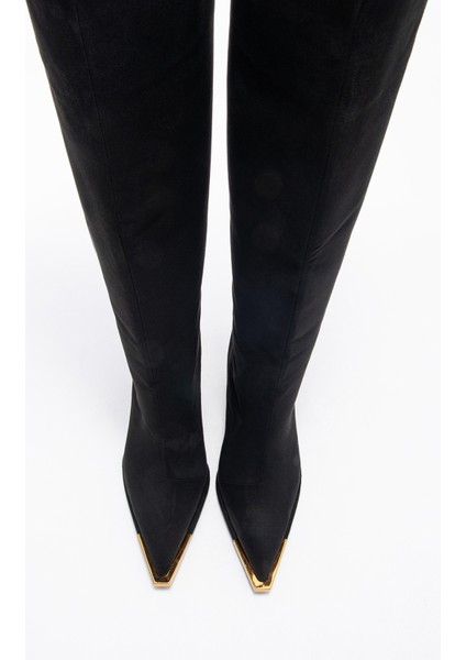 Lexa Siyah Süet Altın Detaylı Sivri Burunlu Kadın Topuklu Çizme fiyatları