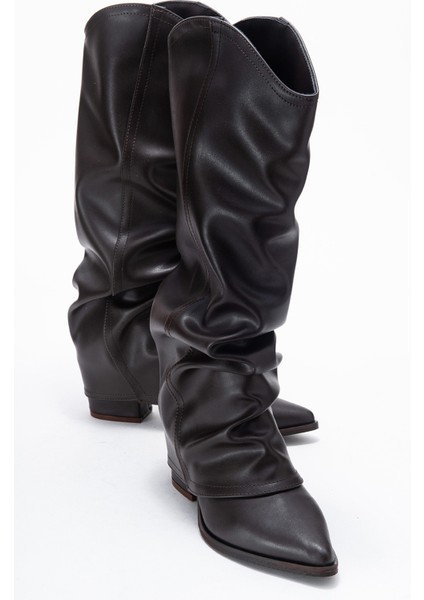 Elarıs Kahverengi Cilt Körüklü Kadın Kalın Topuklu Çizme