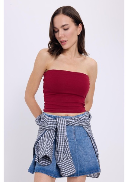 Kadın Slim Fit Dar Kesim Pamuklu Straplez Bordo Bluz