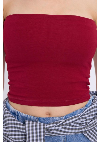 Kadın Slim Fit Dar Kesim Pamuklu Straplez Bordo Bluz modelleri