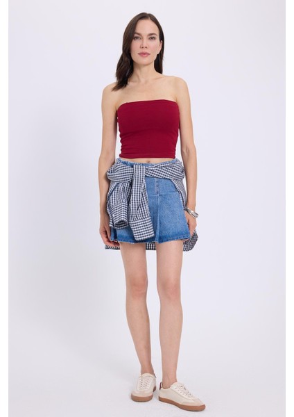 Kadın Slim Fit Dar Kesim Pamuklu Straplez Bordo Bluz fırsatları