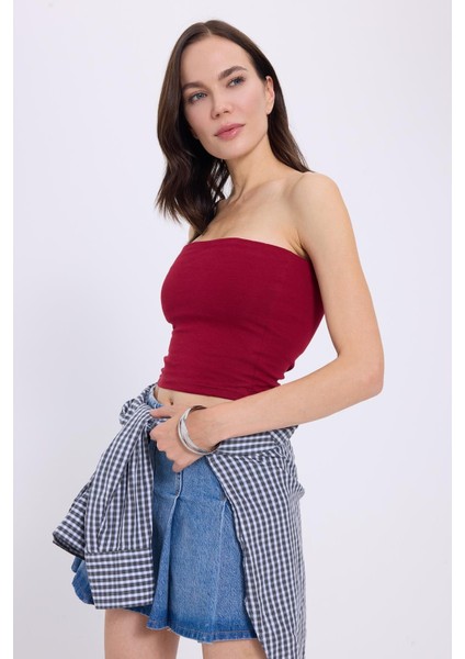 Kadın Slim Fit Dar Kesim Pamuklu Straplez Bordo Bluz indirimleri