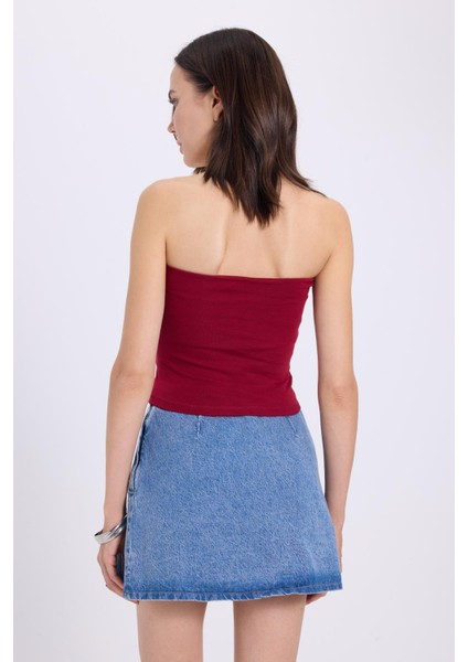 Kadın Slim Fit Dar Kesim Pamuklu Straplez Bordo Bluz