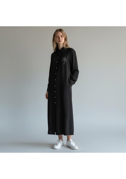 Kadın Uzun Düğmeli Gömlek Elbise - Taş Detaylı Şık Siyah Model