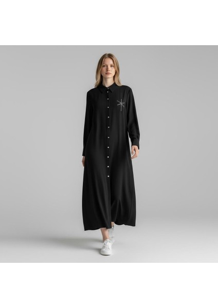 Kadın Uzun Düğmeli Gömlek Elbise - Taş Detaylı Şık Siyah Model fiyatları