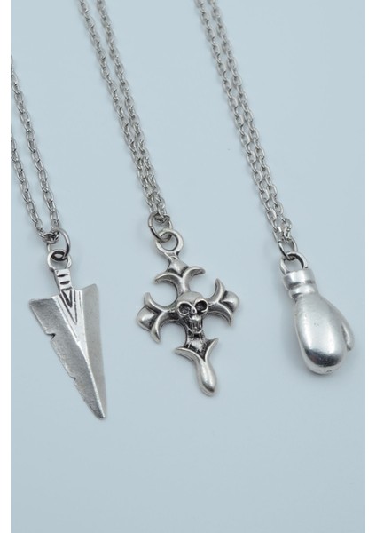 3'lü Triagle Ok Ucu Kuru Kafa Haç Boks Eldiveni Gümüş Kaplama Kolye Seti