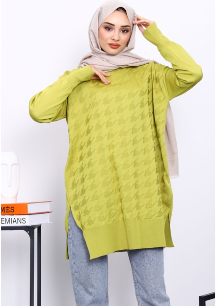 Yağ Yeşili Kazayağı Desenli Soğuk İplik Triko Tunik