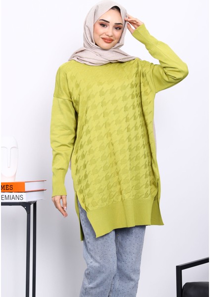 Yağ Yeşili Kazayağı Desenli Soğuk İplik Triko Tunik modelleri
