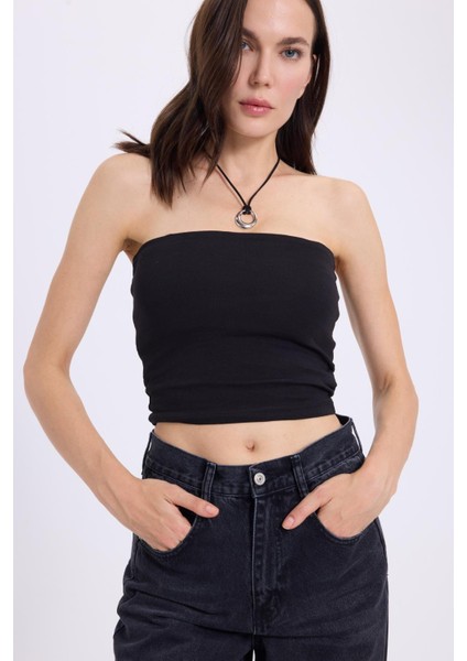 Kadın Slim Fit Dar Kesim Pamuklu Straplez Siyah Bluz