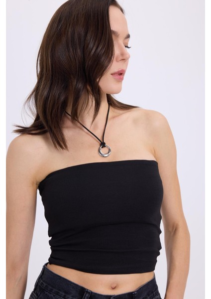 Kadın Slim Fit Dar Kesim Pamuklu Straplez Siyah Bluz fiyatları