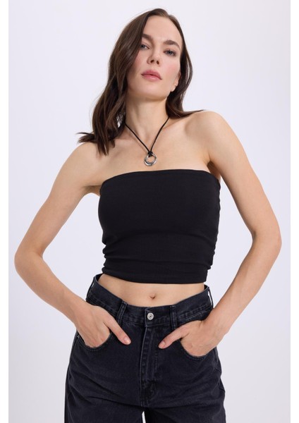 Kadın Slim Fit Dar Kesim Pamuklu Straplez Siyah Bluz fırsatları