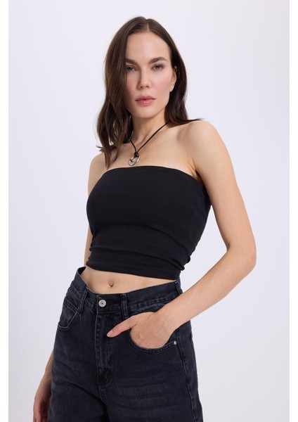 Kadın Slim Fit Dar Kesim Pamuklu Straplez Siyah Bluz indirimleri