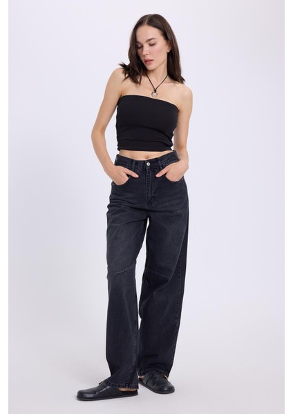 Kadın Slim Fit Dar Kesim Pamuklu Straplez Siyah Bluz