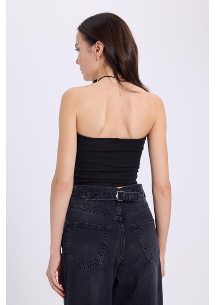 Kadın Slim Fit Dar Kesim Pamuklu Straplez Siyah Bluz