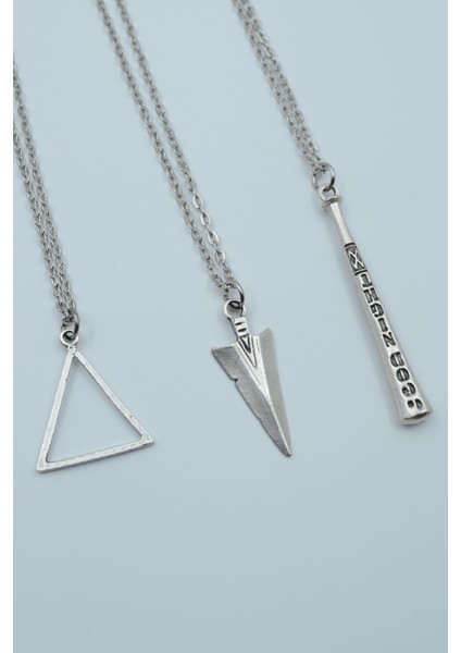 3'lü Üçgen Triagle Ok Ucu Beyzbol Sopası Gümüş Kaplama Kolye Seti