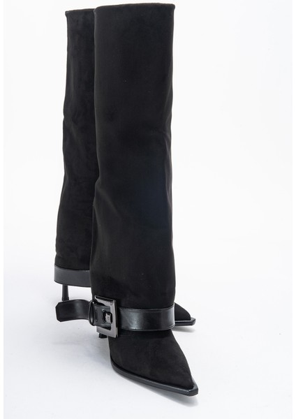 Elva Siyah Süet Kemer Tokalı Kadın Ince Topuklu Çizme