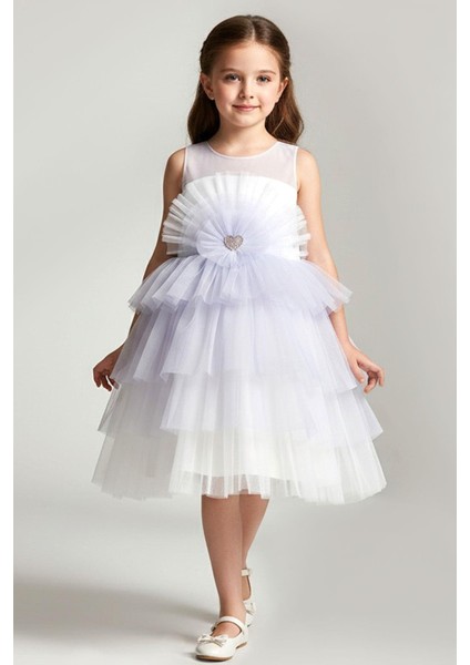 Kız Çocuk Abiye Elbise Arka Kısmı Fiyonklu Taşlı Kalp Aksesuarlı 4-8 Yaş, Lila