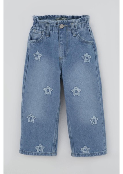 Kız Çocuk Jean Pantolon Yıldız Nakışlı Beli Lastikli Düğmeli 1.5-5 Yaş, Açık Mavi