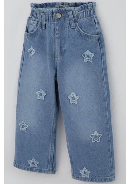 Kız Çocuk Jean Pantolon Yıldız Nakışlı Beli Lastikli Düğmeli 1.5-5 Yaş, Açık Mavi modelleri