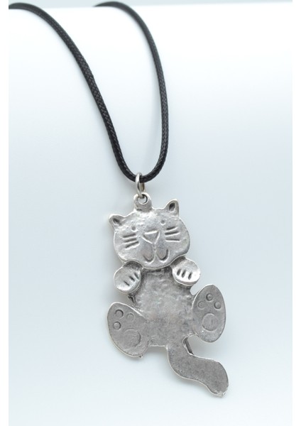 Kedi Gümüş Kaplama Deri Ip Kolye