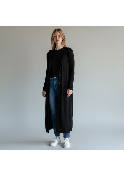 Kadın Düğmeli Uzun Triko Hırka