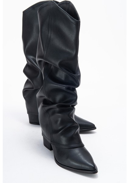 Elarıs Siyah Cilt Körüklü Kadın Kalın Topuklu Çizme