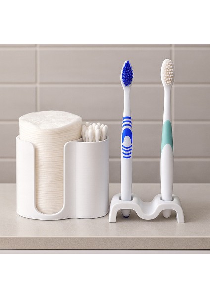 Banyo Düzenleme Seti – Pamuk & Kulak Çubuğu Organizer + Çiftli Diş Fırçalık