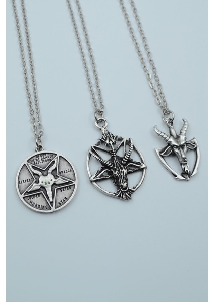 3'lü Lucifer Morning Star Pentagram Pagan Keçi Şeytan Gümüş Kaplama Kolye Seti