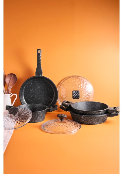 Progranito Diamond Döküm Cam Kapaklı 7 Parça Tencere Tava Seti 20-24-26 cm