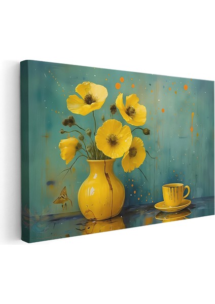 Kanvas Yatay Duvar Tablosu Kanvas Sari Cicekve Fincan Ev Ofis Salon Modern Duvar Tablosu