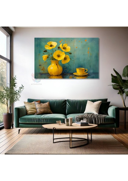 Kanvas Yatay Duvar Tablosu Kanvas Sari Cicekve Fincan Ev Ofis Salon Modern Duvar Tablosu fiyatları