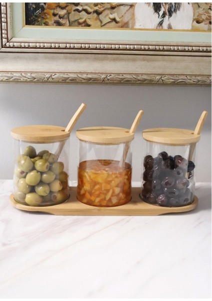 Bambu Kapaklı Borosilikat Cam Kavanoz 3lü Set