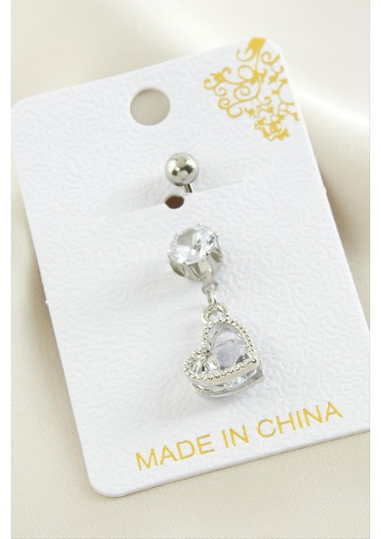 Techmrt Kalp Zirkon Taşlı Çelik Piercing 1 Adet-Gümüş Rengi