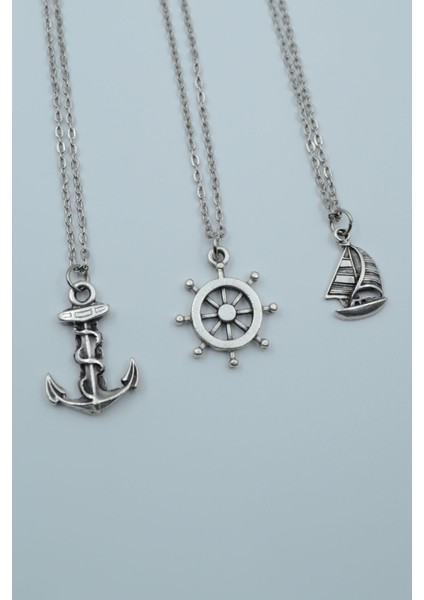 3'lü Gemici Dümen Çapa Yelkenli Gümüş Kaplama Kolye Seti