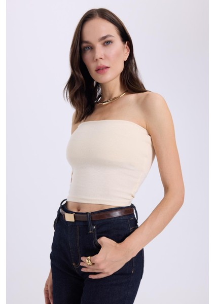 Kadın Slim Fit Dar Kesim Pamuklu Straplez Bej Bluz indirimleri