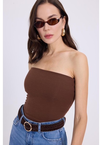 Kadın Slim Fit Dar Kesim Pamuklu Straplez Koyu Kahve Bluz