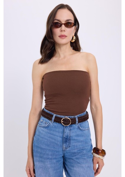 Kadın Slim Fit Dar Kesim Pamuklu Straplez Koyu Kahve Bluz fiyatları