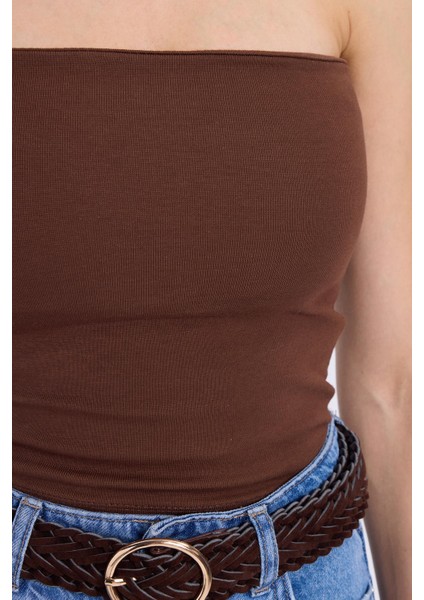 Kadın Slim Fit Dar Kesim Pamuklu Straplez Koyu Kahve Bluz modelleri