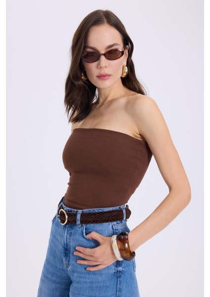 Kadın Slim Fit Dar Kesim Pamuklu Straplez Koyu Kahve Bluz fırsatları