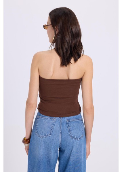 Kadın Slim Fit Dar Kesim Pamuklu Straplez Koyu Kahve Bluz