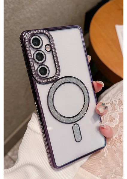 Samsung Galaxy A15 Uyumlu Taşlı Magsafe Şarj Özellikli Kamera Korumalı Simli Kılıf