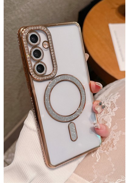 Samsung Galaxy S25 Edge Uyumlu Taşlı Magsafe Şarj Özellikli Kamera Korumalı Simli Kılıf